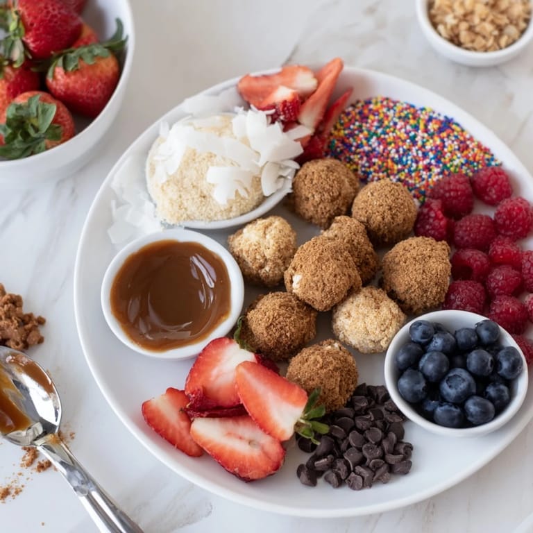 Deconstructed dessert board showcases delightful cheesecake bites and vibrant colorful toppings.  