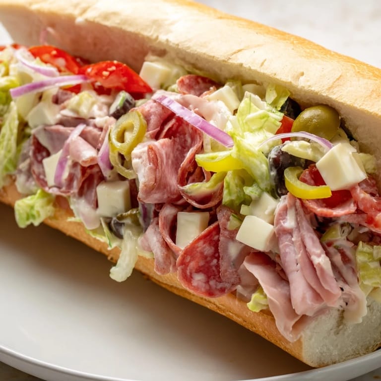 Flavor Mash-Up Sandwich stacked high with creamy cheeses and zesty pepperoncini peppers.