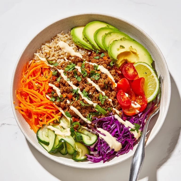 Satisfying plant-based meat bowl drizzled with spicy mayo and vibrant toppings.  