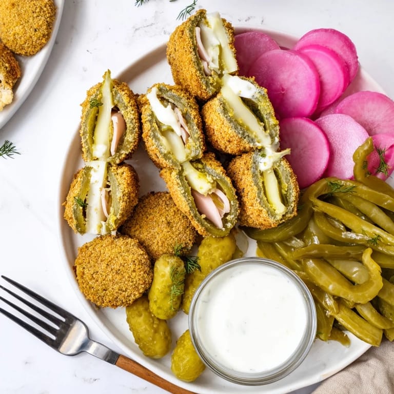 Colorful spread of pickled vegetables and fried pickles for a delicious Pickle Lovers Meal.