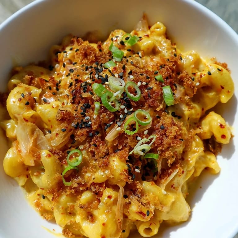 Baked Spicy Kimchi Mac & Cheese, creamy and packed with flavor, perfect for sharing.  