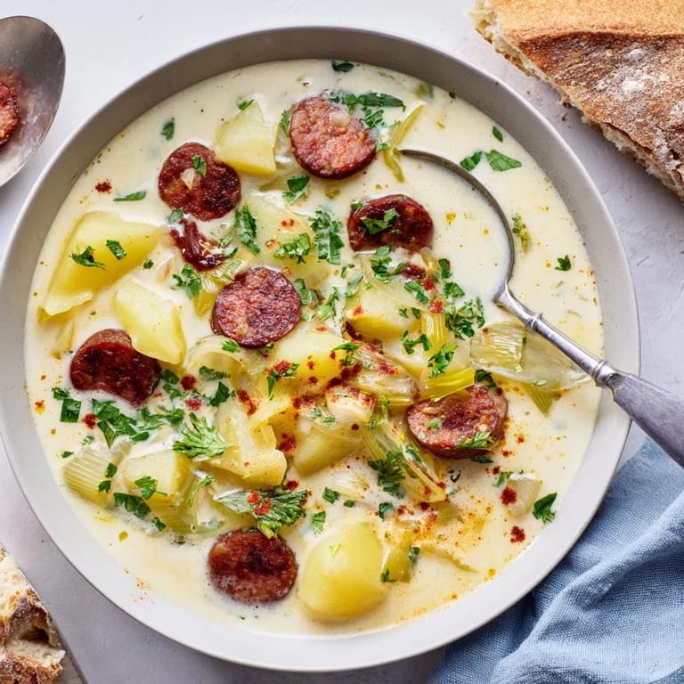 Comforting Potato, Leek & Chorizo Soup Bowl garnished with spicy chorizo and herbs.