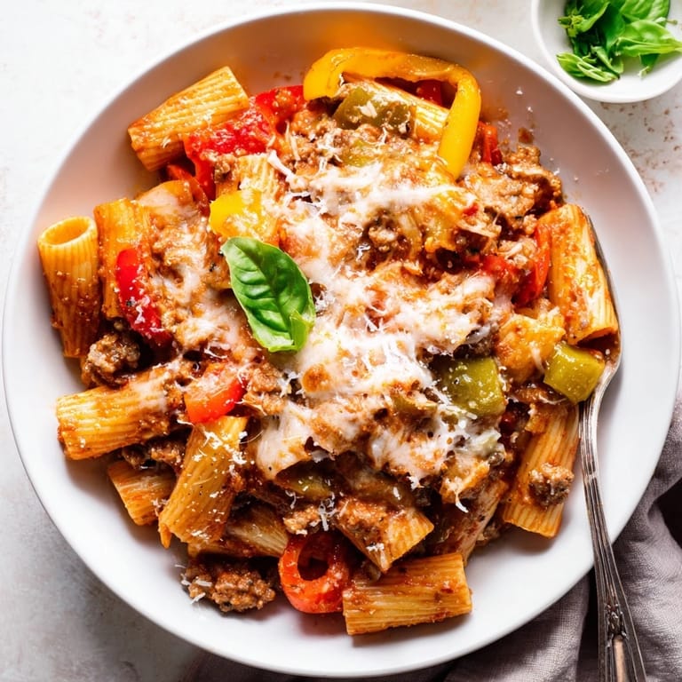 A deliciously cheesy baked rigatoni with sausage and peppers, bursting with Italian flavors.  