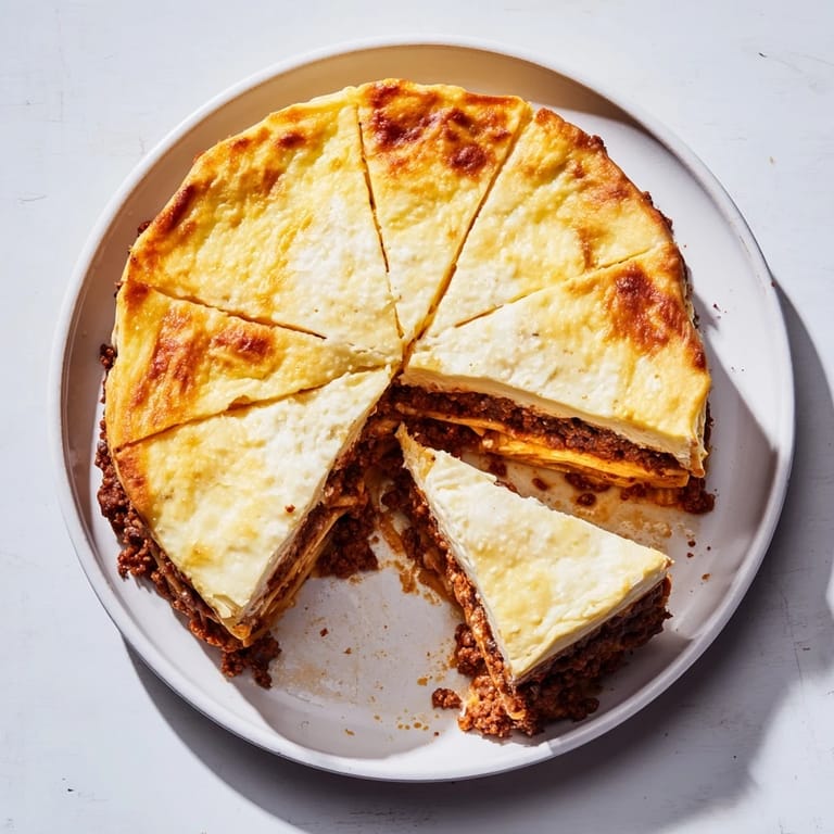 Golden-brown Greek Pastitsio ready to serve with fresh salad and red wine.