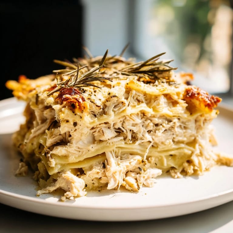 A close-up of cheesy rosemary chicken lasagna, showcasing a comforting homemade Italian dinner.