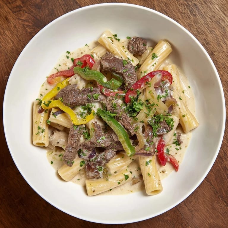 This homemade Philly Cheesesteak Pasta features savory steak and a rich cheese sauce perfect for dinner.