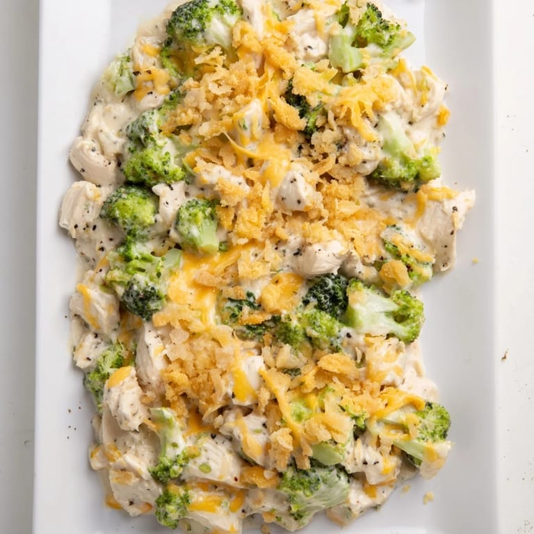 A close-up of a creamy Chicken & Broccoli Cheddar Bake, revealing tender chicken and broccoli florets.