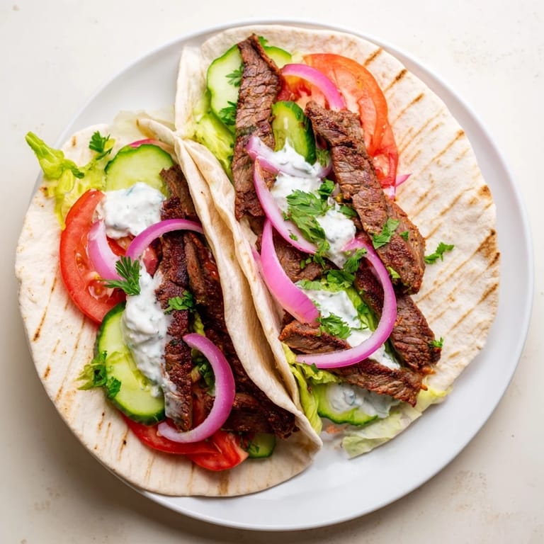 Warm flatbread filled generously with spiced beef shawarma and fresh, colorful vegetables.