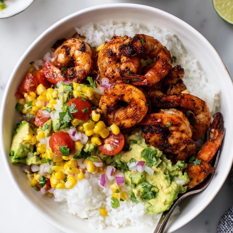 Vibrant image of a Blackened Shrimp Bowl, piled high with fresh corn salsa, ready to eat.