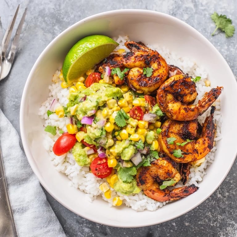 Close-up of a delicious Blackened Shrimp Bowl, showing perfectly cooked shrimp and fresh ingredients.