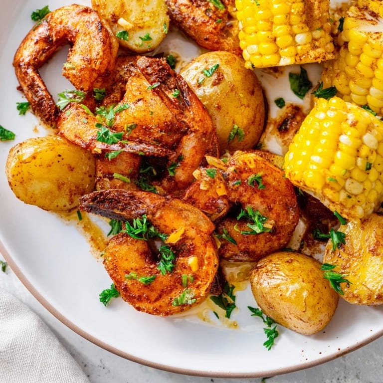 A close-up view of sizzling Cajun Shrimp & Sweet Corn with garnishes, ready to bring bold flavor.