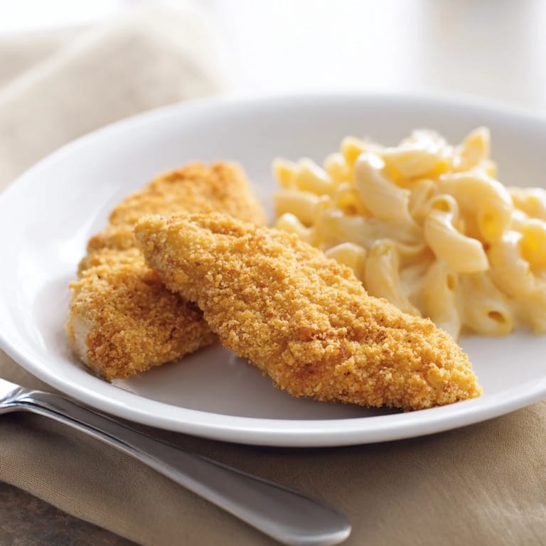 Homemade crispy chicken tenders and macaroni with melted cheese, a classic American comfort food combo.