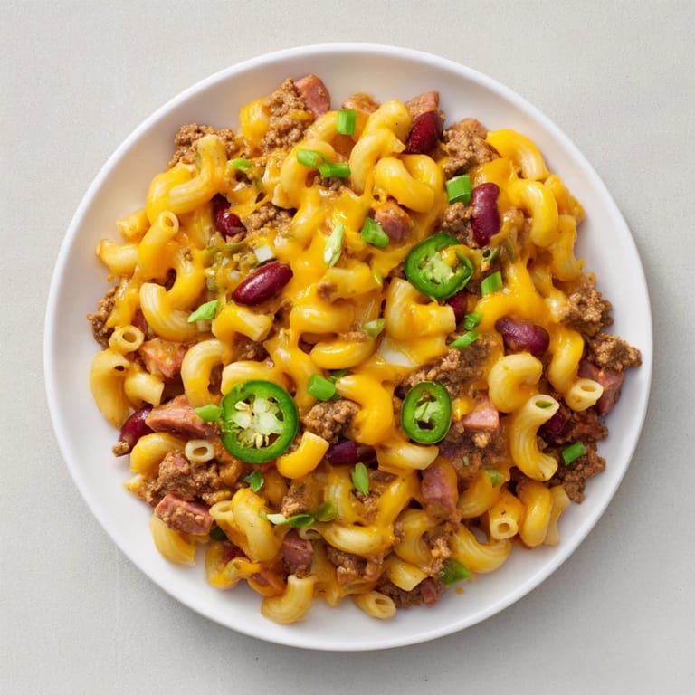 Cheesy, baked Chili Cheese Dog Mac & Cheese bubbling in a baking dish, ready to be served.