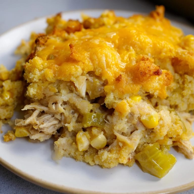A bubbling, oven-baked Southern Cornbread Chicken Casserole, with a crispy golden topping.