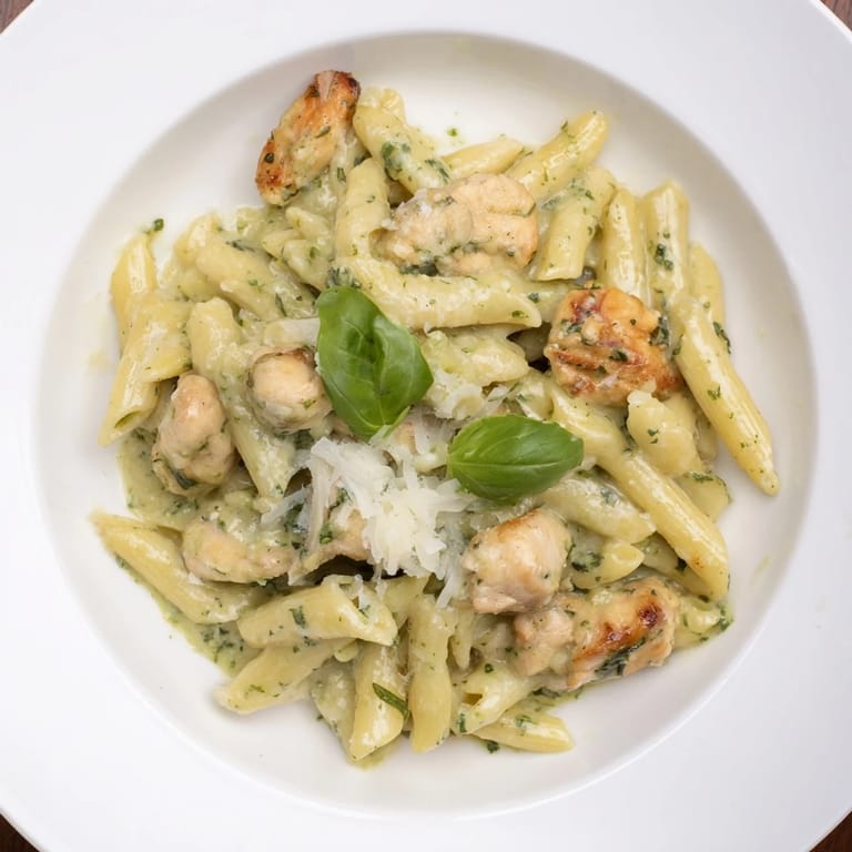 Imagine the flavors: pasta, chicken, and creamy pesto sauce of this Creamy Pesto Penne & Chicken.