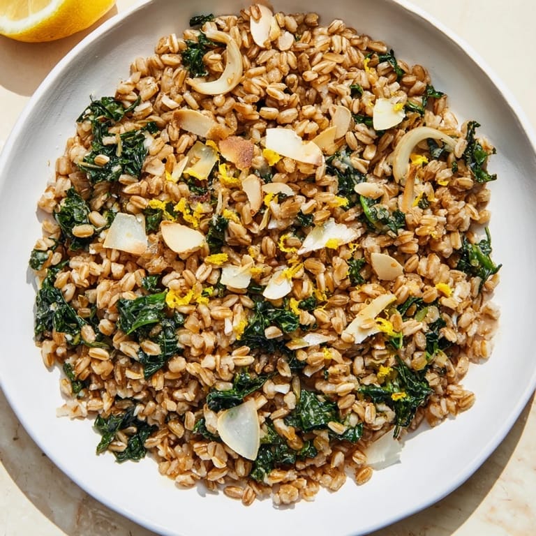 A vibrant close-up of the warm farro and greens pilaf showing tender greens and nutty farro under toasted almonds.