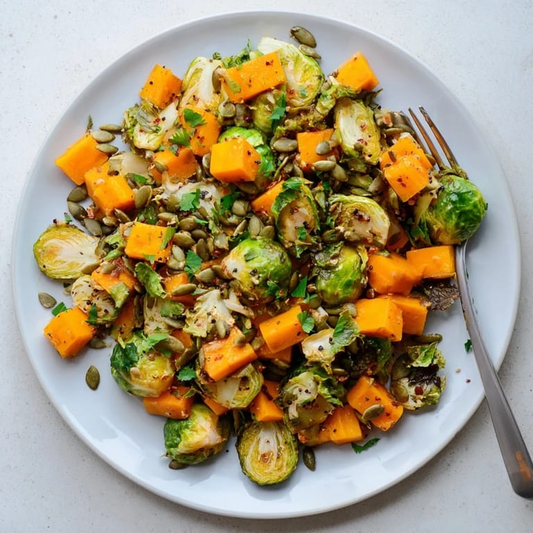 Tender Brussels sprouts and squash, drizzled with bright orange dressing, ready to eat alongside any dinner.
