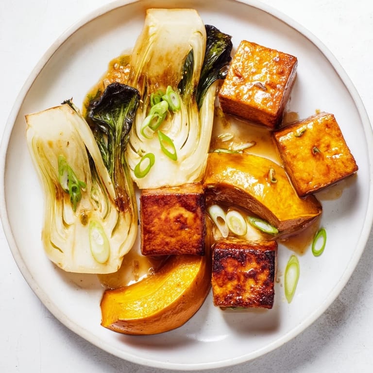Savory miso glaze coats caramelized tofu and tender winter squash in this flavorful recipe.