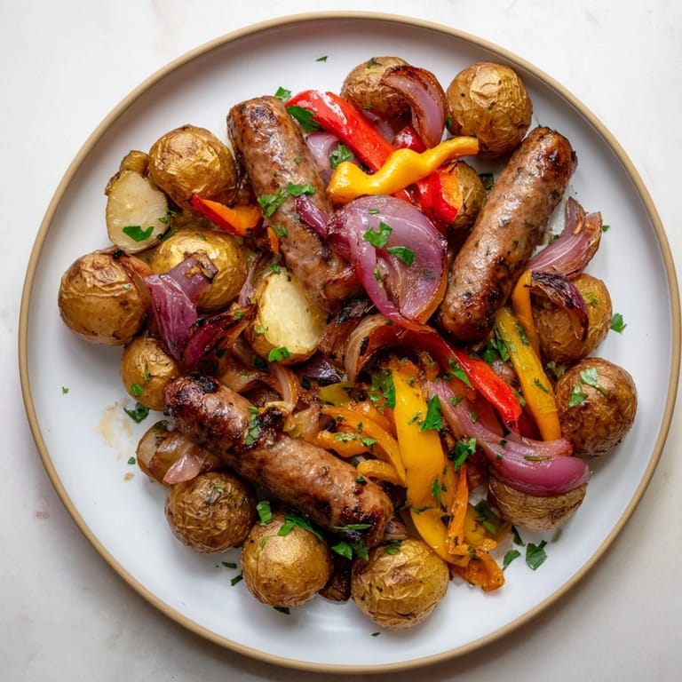 Flavorful Sheet-Pan Sausage with Peppers, with roasted vegetables, a complete and easy dinner.