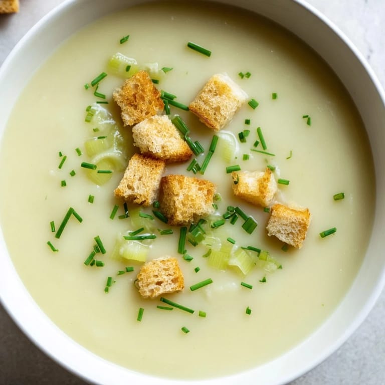 Smooth, blended potato leek soup, aromatic with garlic, perfect served with crusty bread.