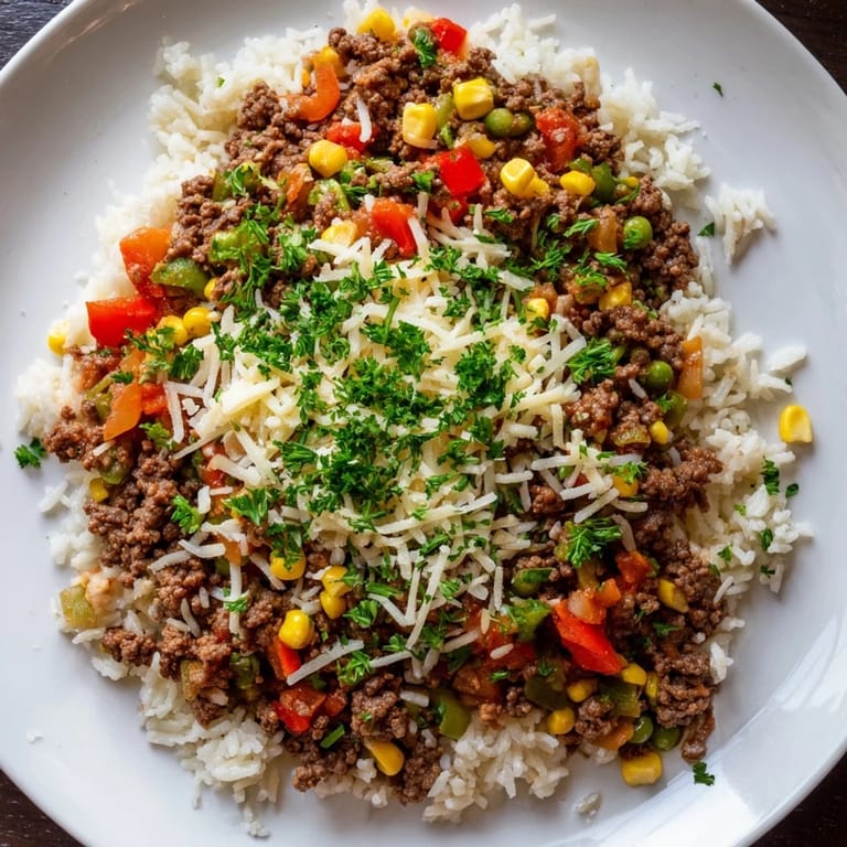 This Ground Beef Skillet with Veggies & Rice shows a steaming, colorful, easy weeknight dinner.