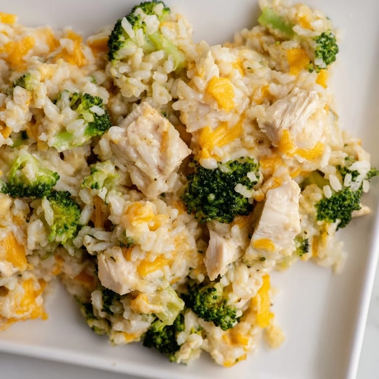 A close-up of a hearty Chicken & Broccoli Rice Casserole, showing tender chicken and melted cheese topping.