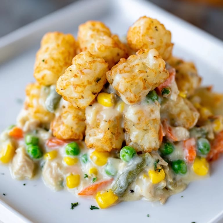 Crispy tater tots top a flavorful Tater Tot Chicken Pot Pie, ready for a comforting and easy dinner.