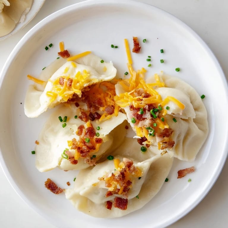 A platter of Loaded Baked Potato Soup Dumplings, garnished with bacon and sour cream, ready to serve.