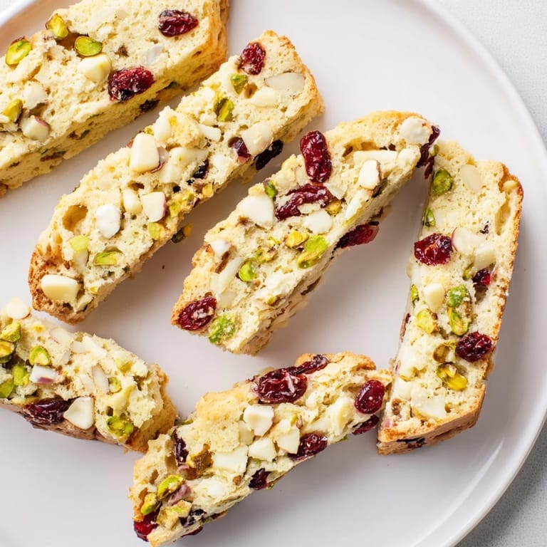 Close-up of freshly baked White Chocolate Cranberry Pistachio Biscotti showing the textures of nuts and fruit.