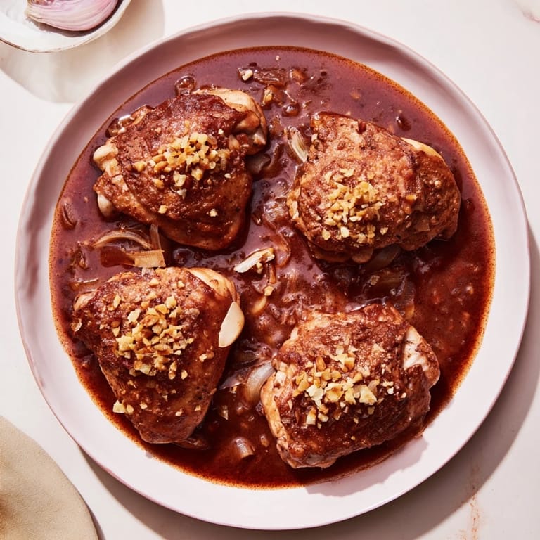 A close-up shot of the Budget Fesenjan Stew showing the walnut-infused, flavorful chicken.
