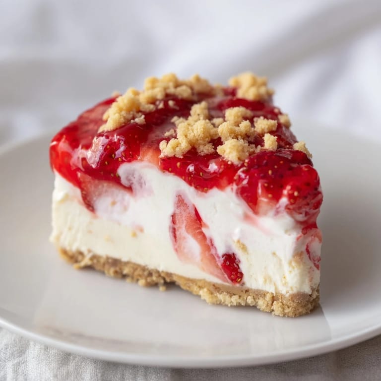 This tempting photo displays a layered strawberry shortcake cheesecake, perfect for a celebratory dessert.