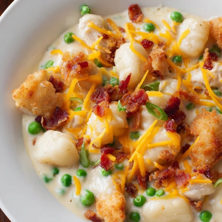 A steaming bowl of Creamy Crack Chicken Gnocchi with crispy bacon, herbs, and melted cheddar.
