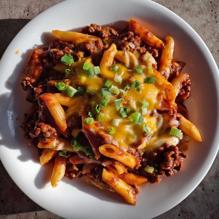 This comforting Easy Beef Enchilada Pasta shows rich red sauce over pasta with melted cheese.