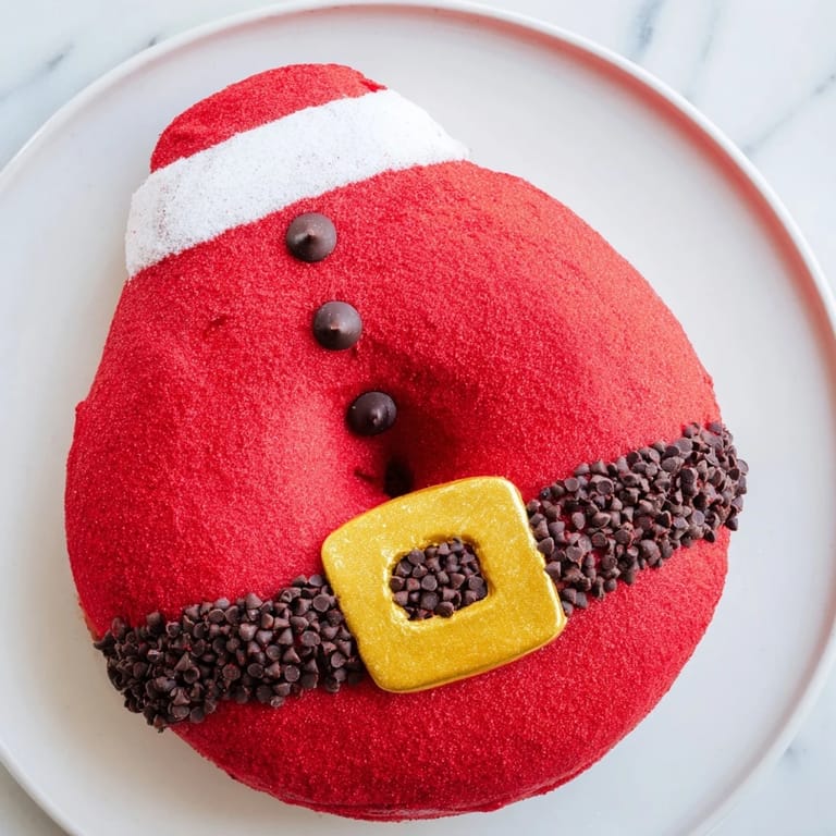 Freshly fried Santa Belly Donuts, displaying a glistening red glaze and chocolate belts, ready to eat.
