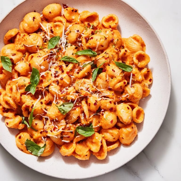 Perfectly plated Spicy Vodka Sauce Ditalini; the creamy sauce clings beautifully to each pasta piece.