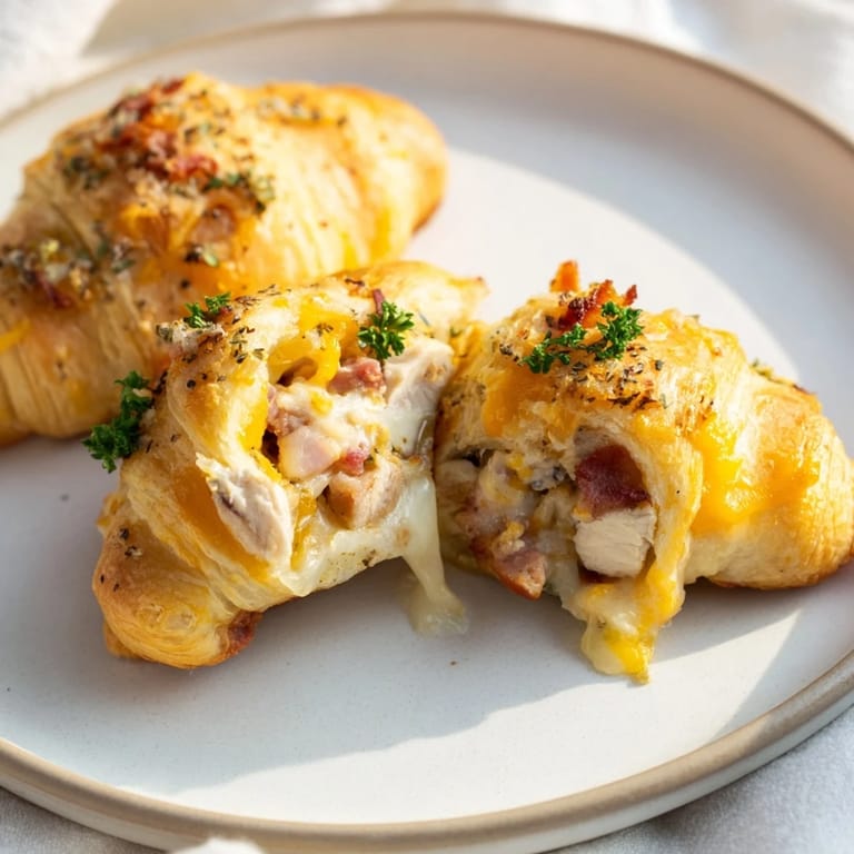 A close-up of savory Cheesy Chicken and Bacon Crescent Rolls, perfect for a quick snack or meal.