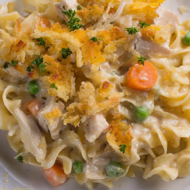 Creamy Baked Cream of Chicken Noodle Soup Pasta with a golden, breadcrumb topping and cheesy pull.