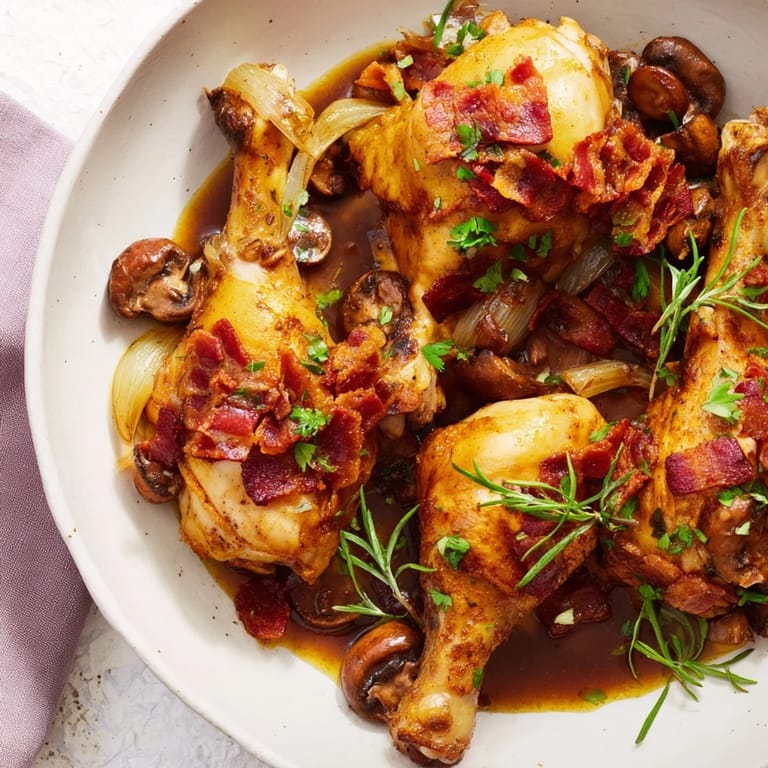 A close-up view of flavorful Instant Pot Coq au Vin Style Chicken Thighs, with juicy meat and a decadent sauce.