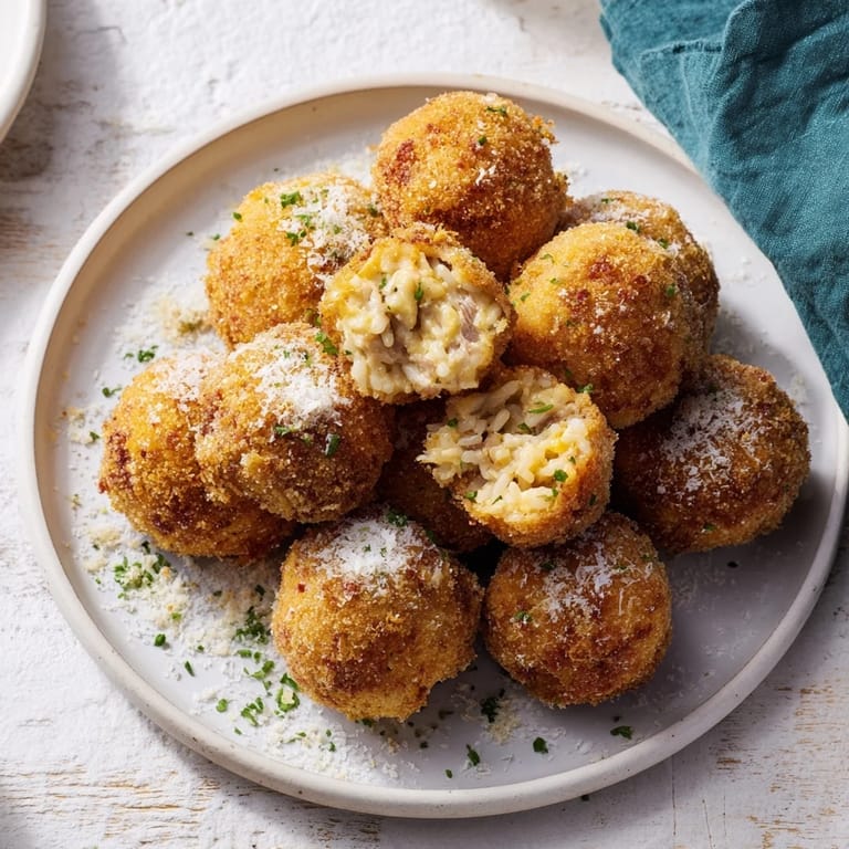 Close-up of crispy Creamy Chicken & Rice Arancini Balls; feel the warmth from the fryer.