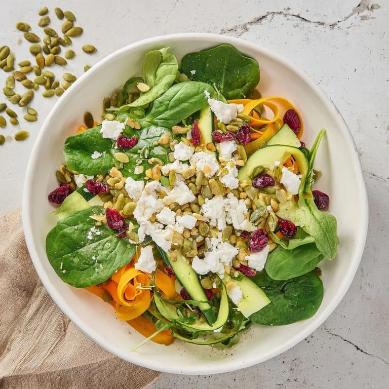 A beautifully layered Pistachio and Cranberry Salad, showing vibrant greens, reds, and golden squash ribbons, ready to serve.