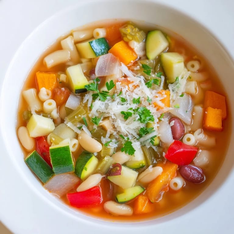 Ladle full of delicious Veggie-Packed Minestrone Christmas Pasta Pot, perfect for a cozy winter meal.