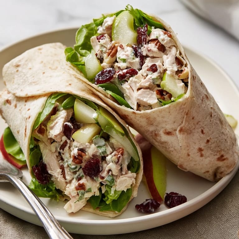 Holiday lunch perfection: a freshly prepared Cranberry Pecan Chicken Salad Christmas Wrap on a plate, ready to serve.