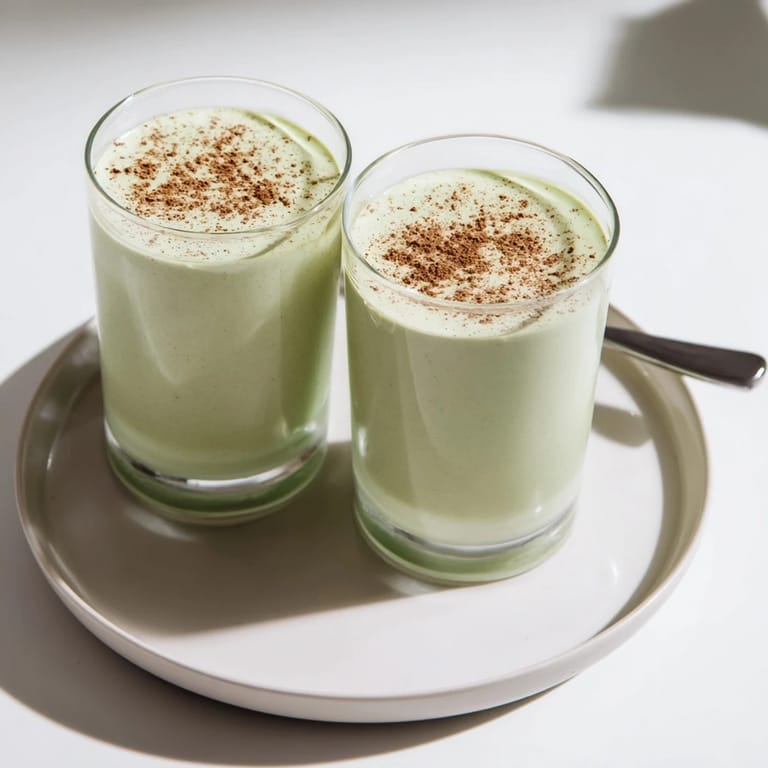 Rich green and white colors of a Matcha Eggnog Collagen Breakfast Smoothie promise a delicious, healthy drink.
