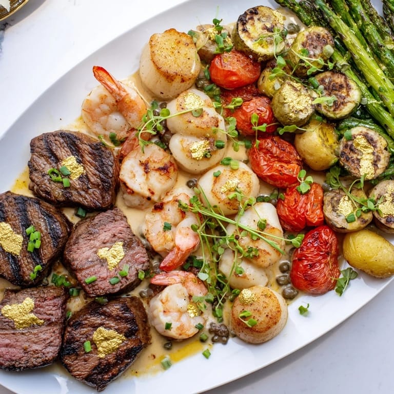 Enjoy the richness of this Golden Heart Luxury Platter, featuring seasoned meats, seafood, and a creamy sauce.