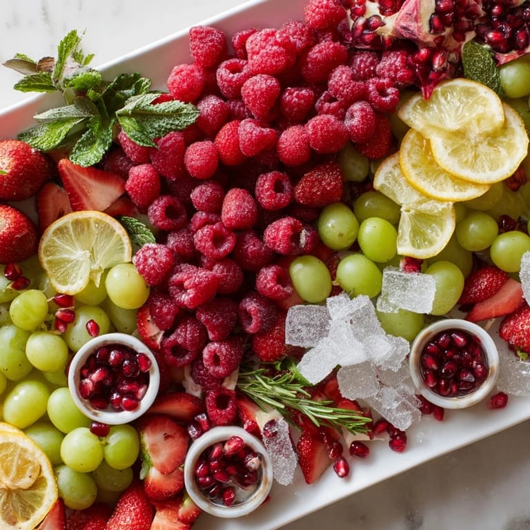 Fresh berries, citrus, and herbs artfully arranged on this Bubbly Bar New Years Eve Garnish Tray for celebratory cocktails.
