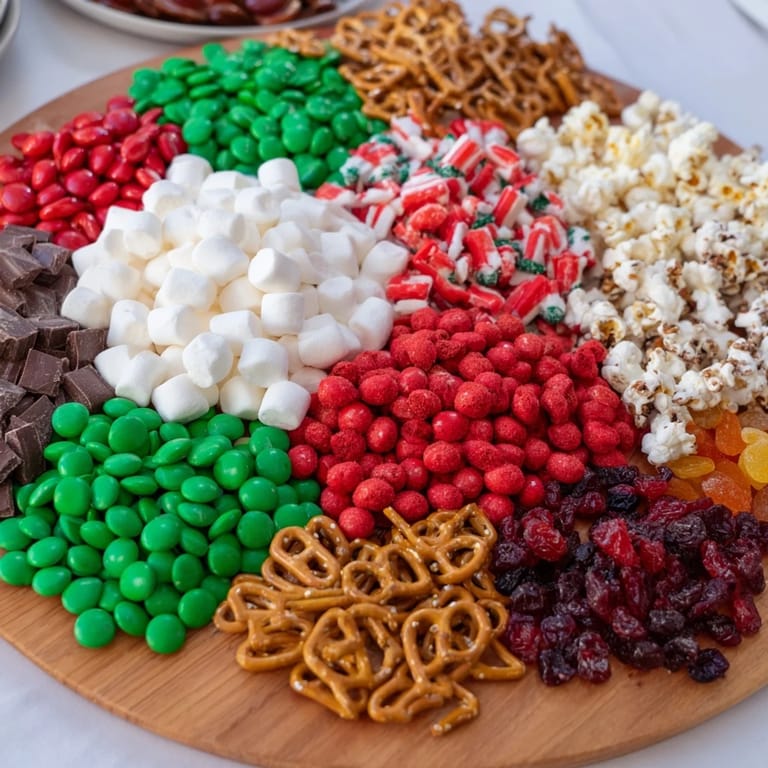 A delightful view of an Elf Snack Trail Mix Board, ready for serving with sweet and salty goodies.