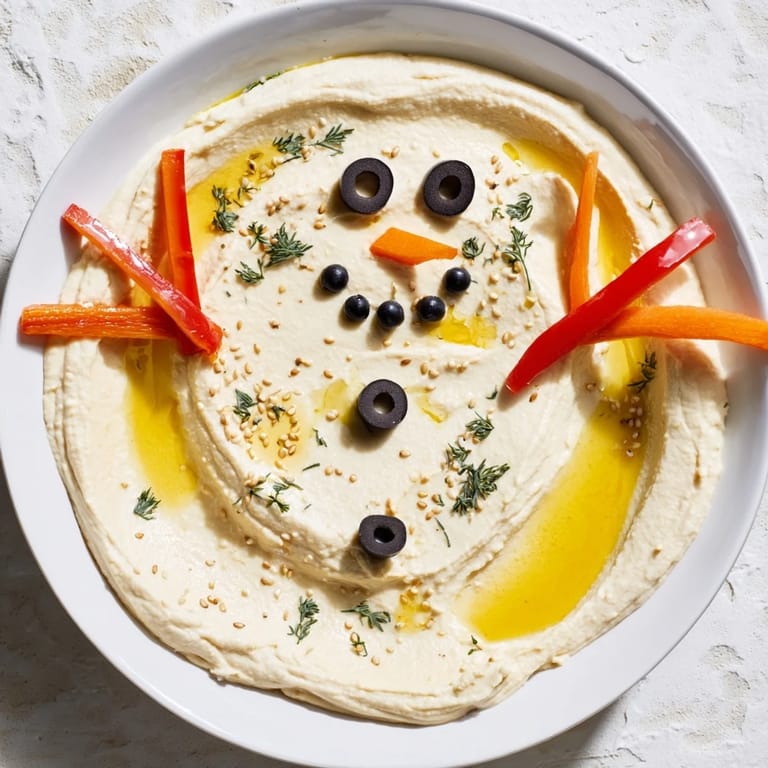 Holiday-themed Melted Snowman Hummus Platter, a cute and savory appetizer for your gathering.