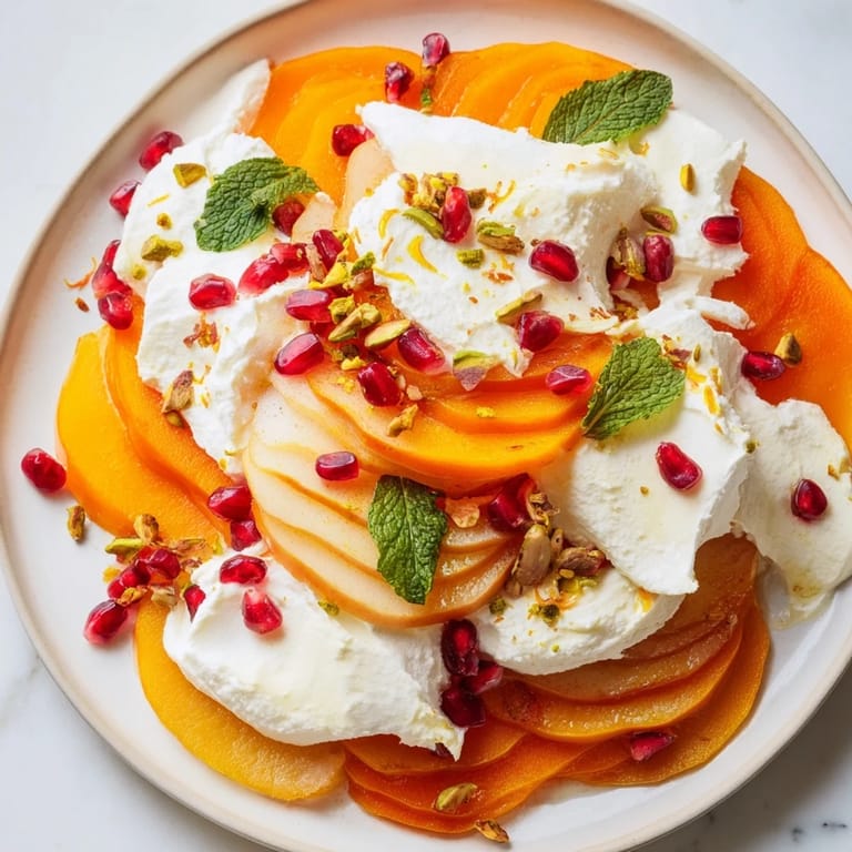 Vibrant overhead shot of a sweet persimmon and pear snowscape, complete with creamy mascarpone.
