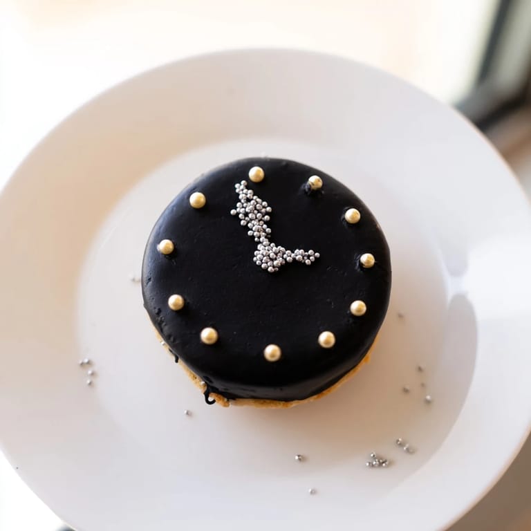 Freshly baked and frosted Countdown Clock Mini Desserts with an assortment of edible gold accents and sprinkles.