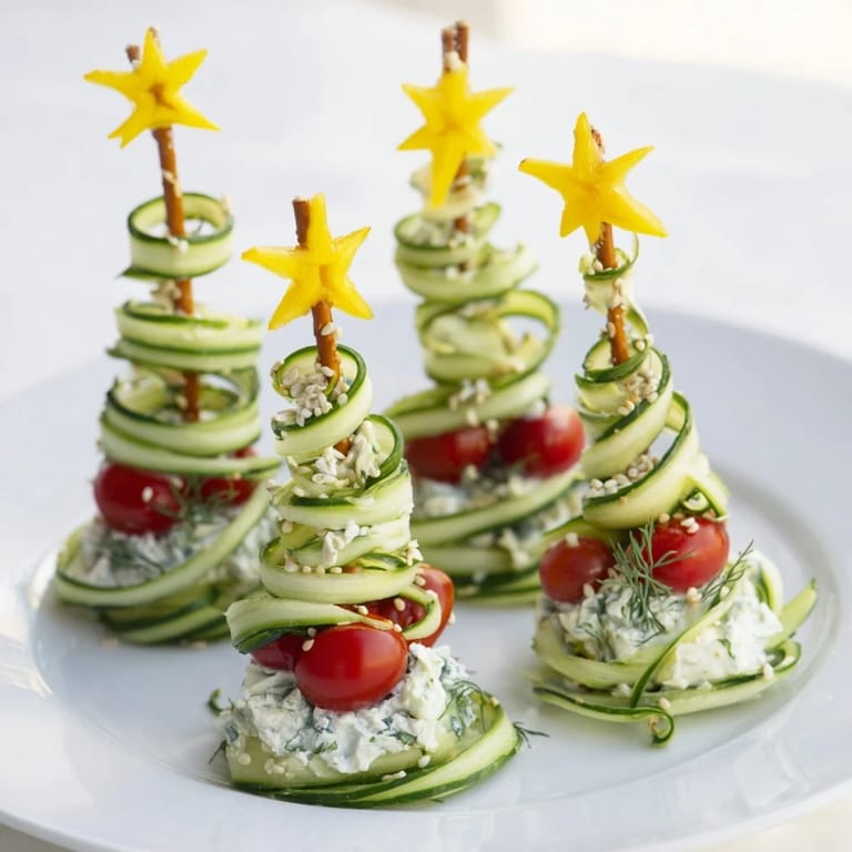 Festive Christmas trees appetizer: Crisp cucumber ribbons elegantly shaped with herbed cream cheese.